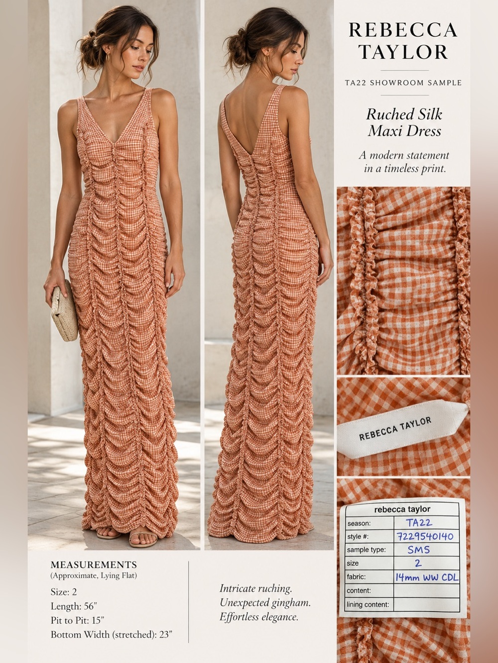 Rebecca Taylor TA22 Plaid Ruched Silk Maxi Dress Sz 2 SMS Showroom Sample